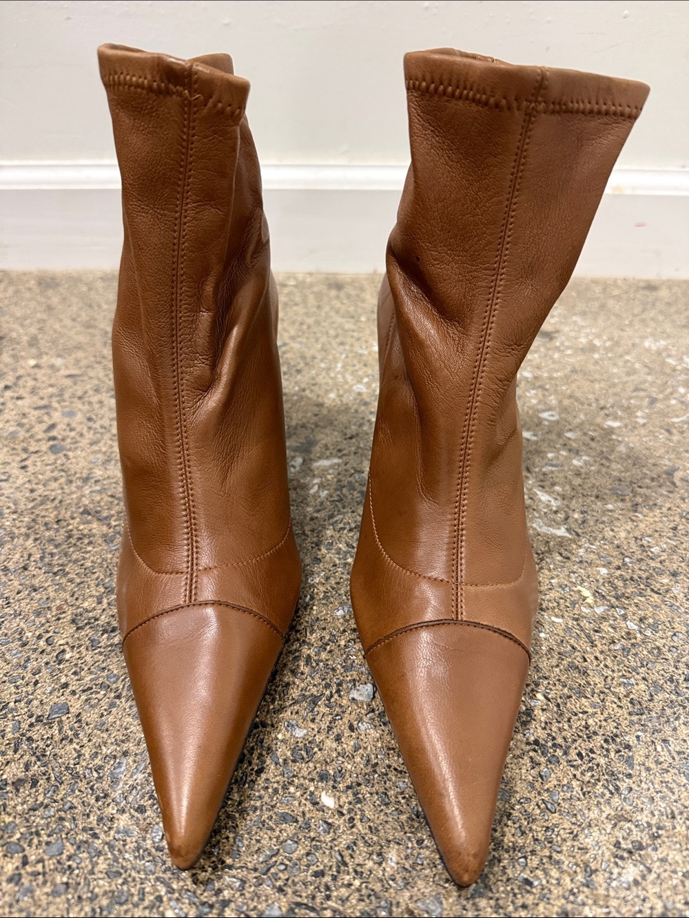 Delman Cognac Pointed-Toe Leather Ankle Boots